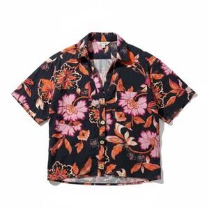 Laundry Shelli Segal  Black Floral Linen Blend Boxy Button Front Shirt Medium
